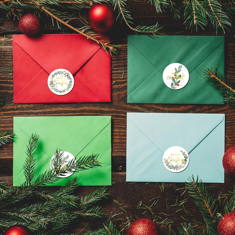 Whaline 1000Pcs Merry Christmas Gold Foil Stickers Roll Holly Berry Watercolor Seal Stickers Xmas Greenery Self-Adhesive Decals for Envelope Journal Party Decor, 4 Designs - Image 5